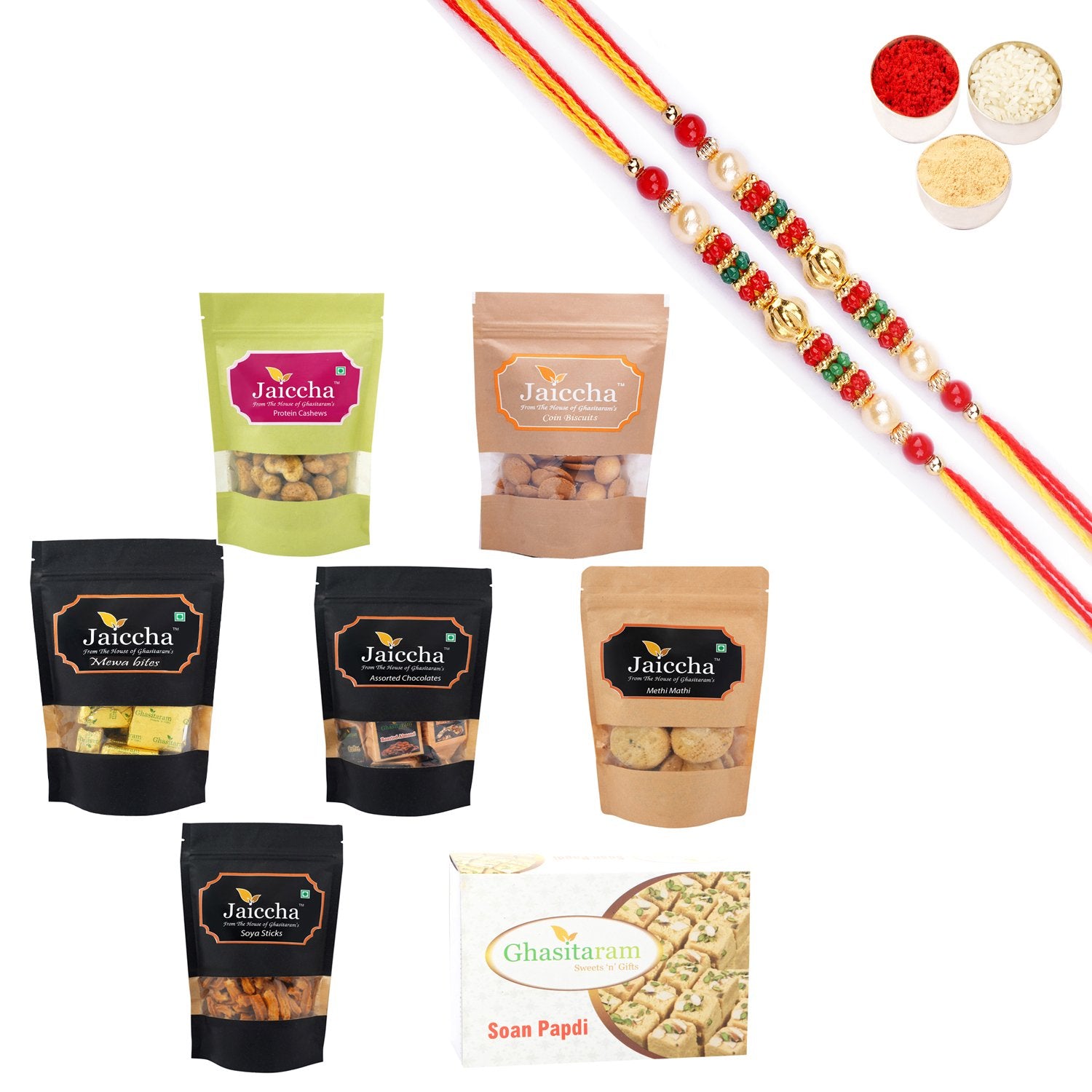 Ghasitaram Best of 7 Sweets and Snacks with Pearl Beads Rakhi Combo - Distacart