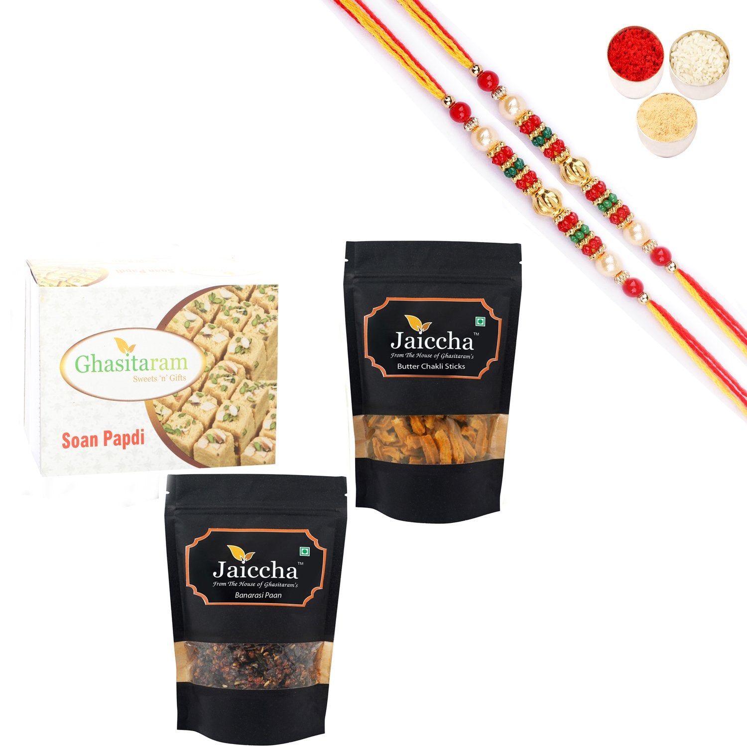 Ghasitaram Soan Papdi, Butter Chakli Sticks and Banarsi Paan With Pearl Beads Rakhi - Distacart
