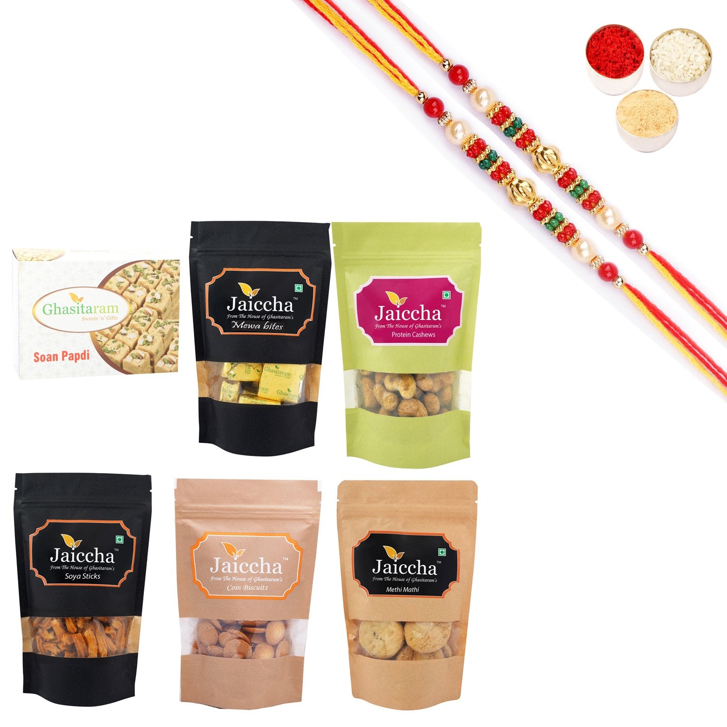 Ghasitaram Best of 6 Sweets and Snacks with Pearl Beads Rakhi Combo - Distacart
