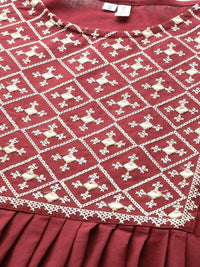 Thumbnail for Yufta Women Rust Red & White Embroidered Mirror Work Yoke Design Cotton A-Line Dress