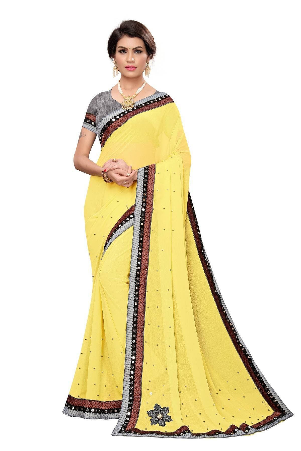 Vamika Yellow Chiffon Mirror Work Saree