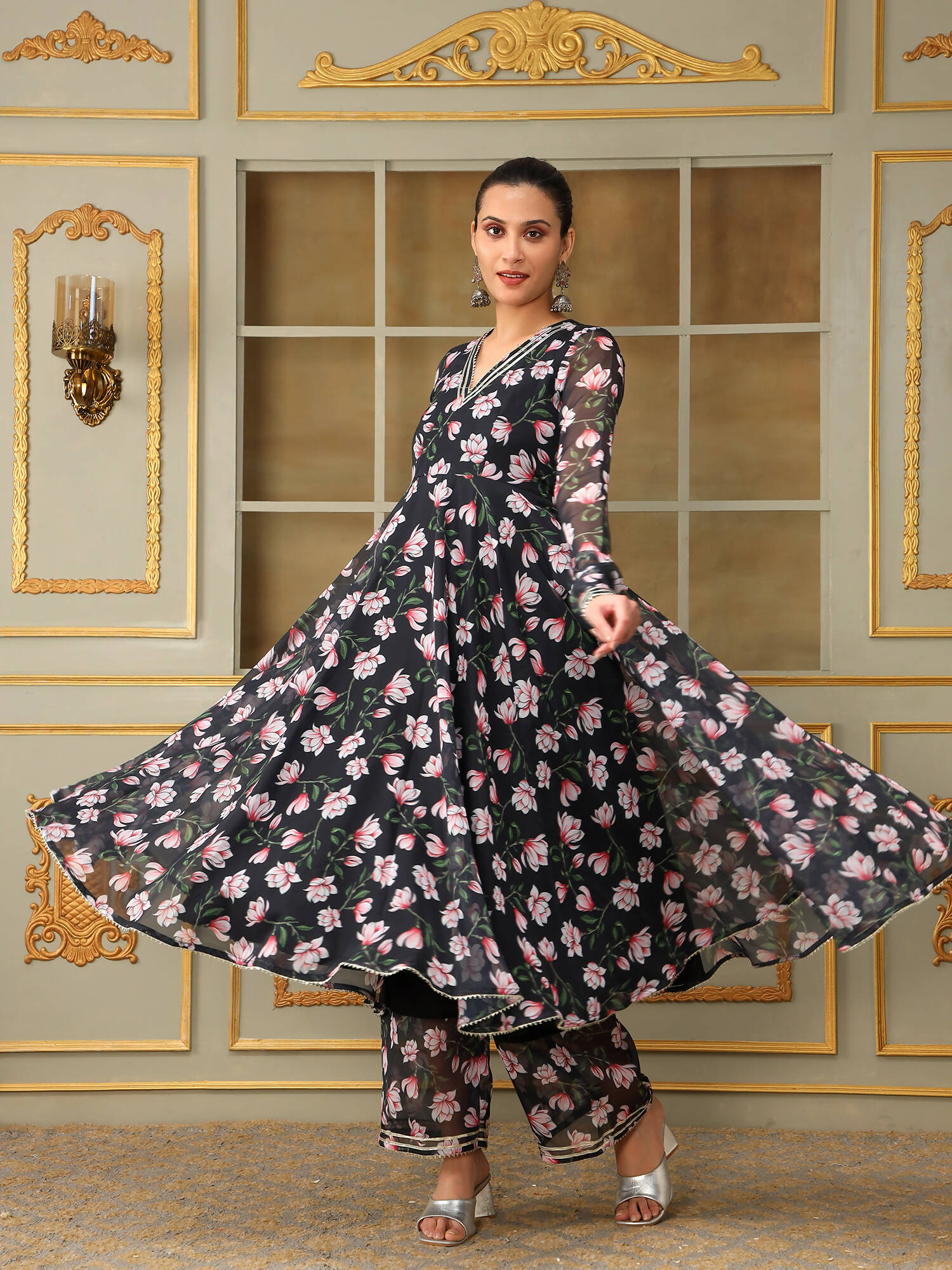 Pomcha Jaipur Black Saadgi Pink Lotus Anarkali Set - Distacart