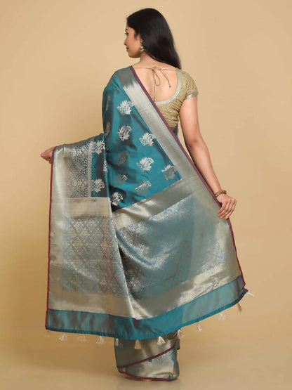 Kalamandir Ethnic Motifs Sea Green Silk Blend Saree