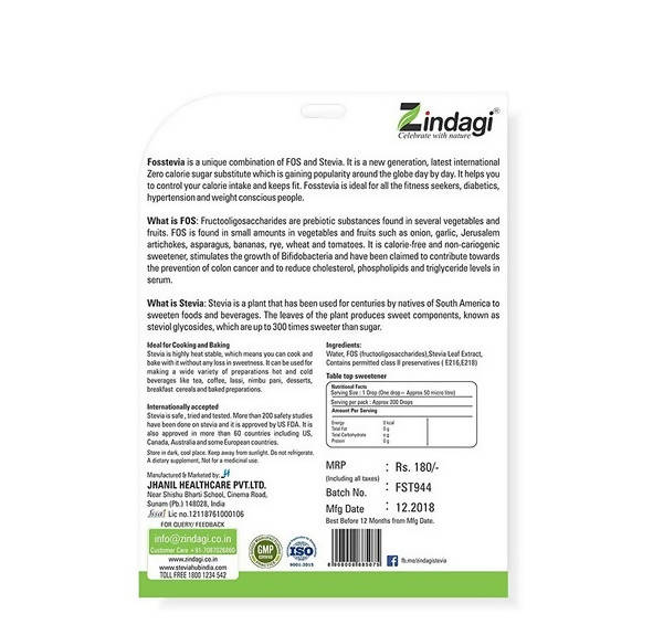Zindagi Fosstevia Herbal Sweetener Liquid - Distacart
