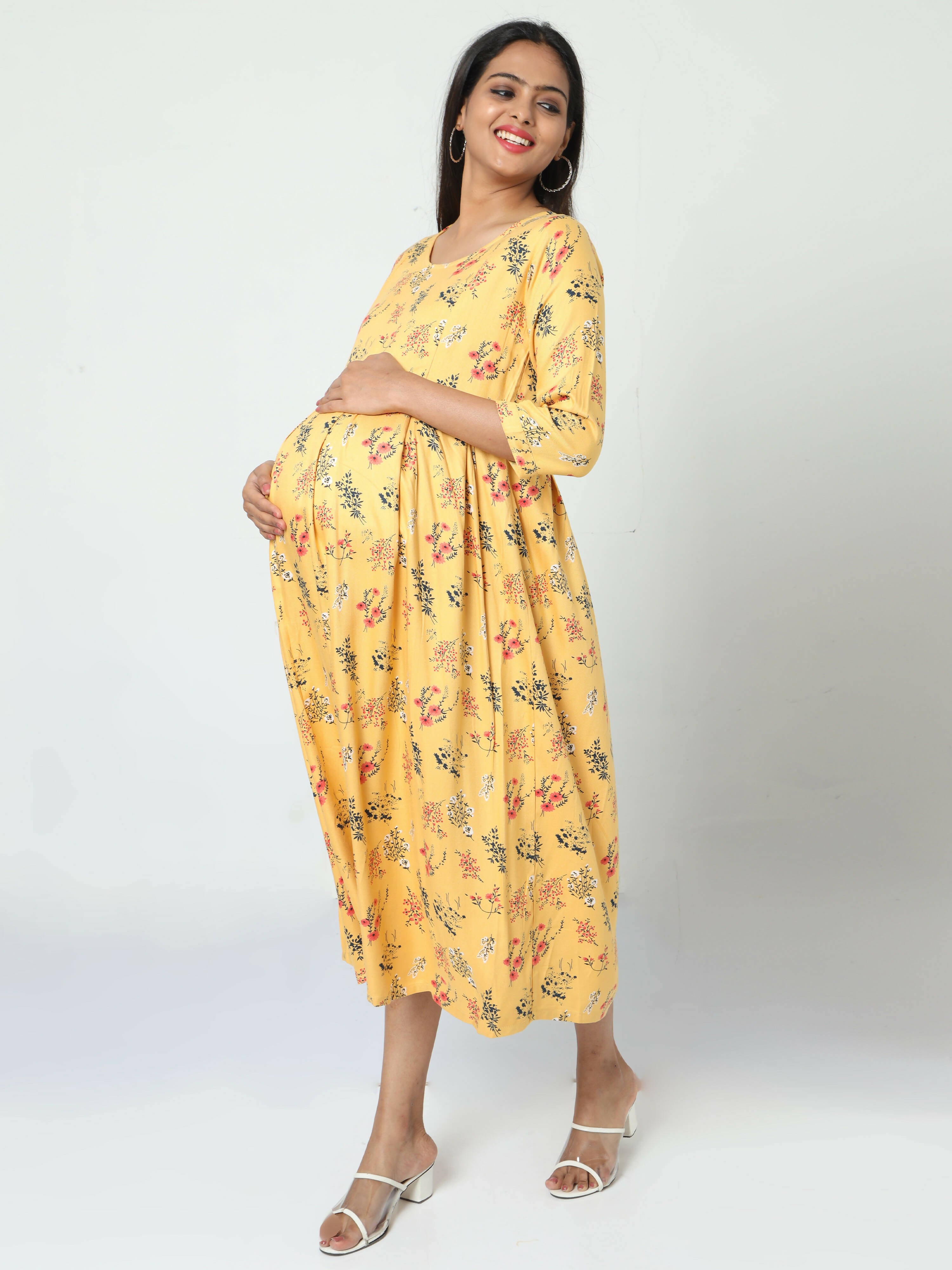 Manet Three Fourth Maternity Dress Floral Print With Concealed Zipper Nursing Access - Yellow - Distacart