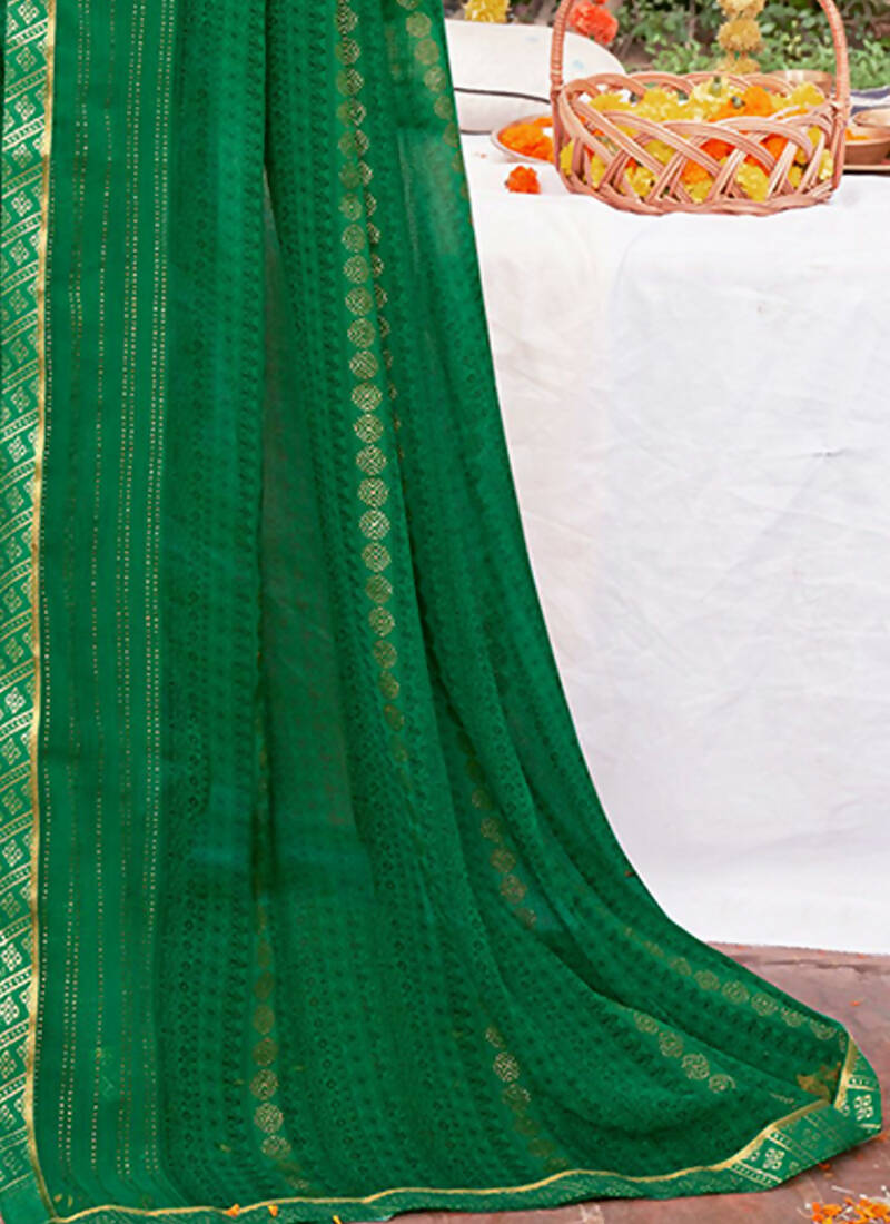 Green Georgette Foil Printed Saree with Unstitched Blouse Piece - Avika - Distacart