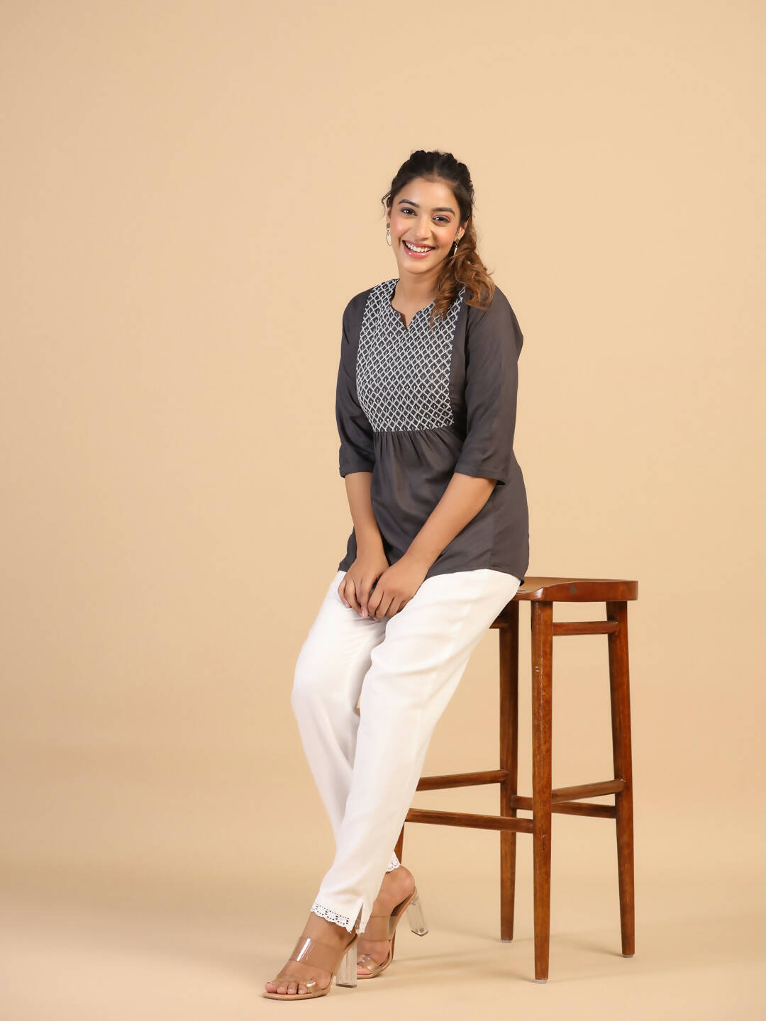 Womens Grey Rayon Yoke Embroidered Top - Keeva - Distacart