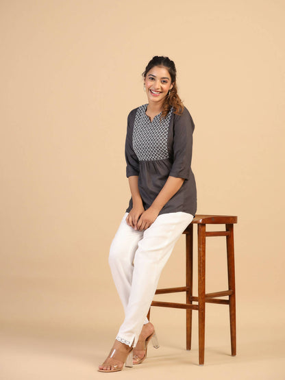 Womens Grey Rayon Yoke Embroidered Top - Keeva - Distacart