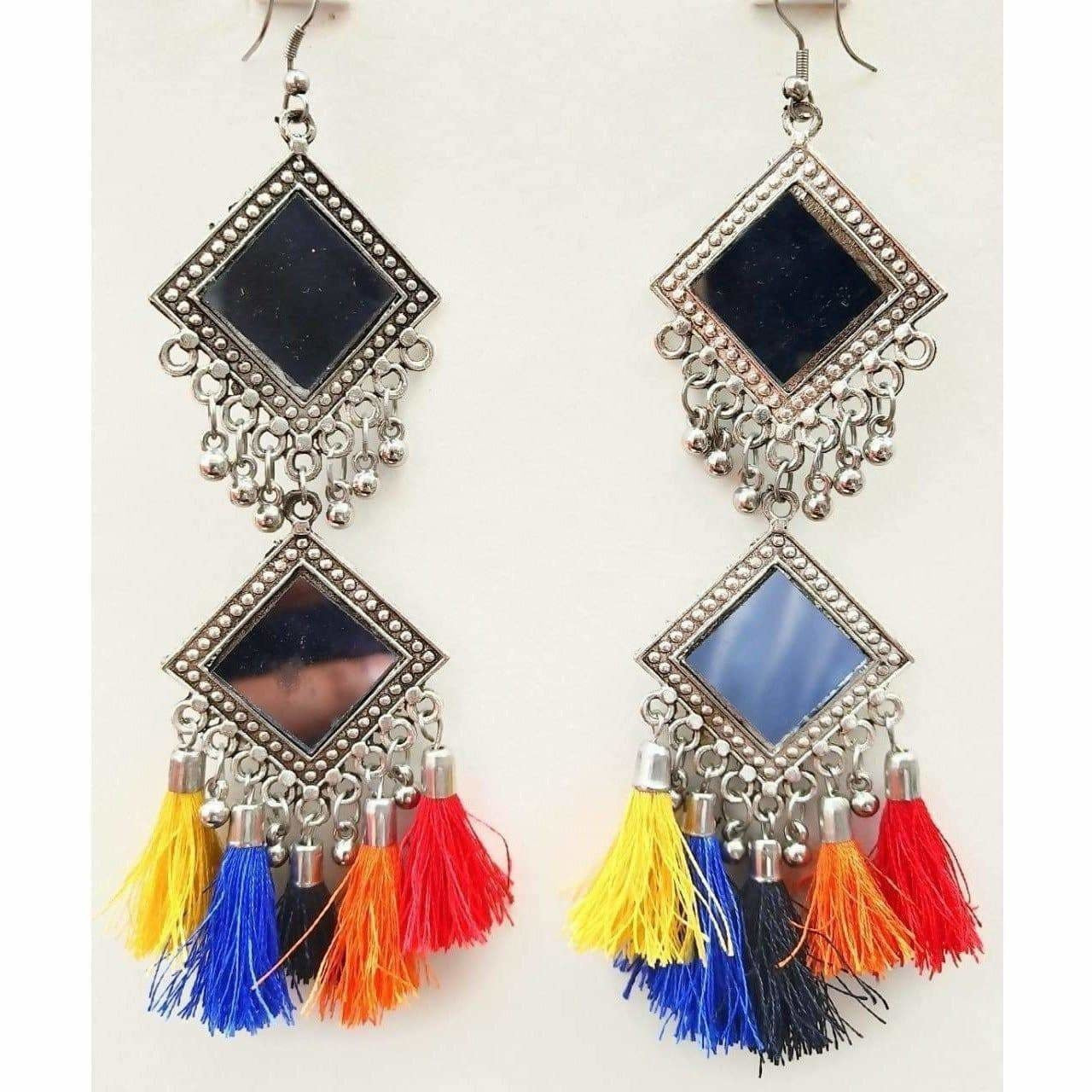 Long Double Mirror Silver Oxidized Party Wear Earrings For Women And Girls