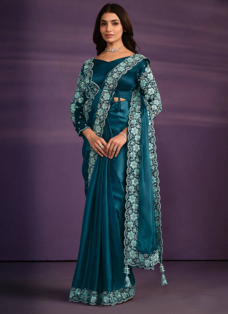 Light Blue Crepe Satin Silk Embroidered Saree With Stitched Blouse - Mohmanthan Exotica - Distacart