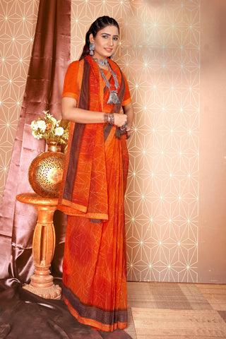 Orange Chiffon Abstract Printed Saree With Unstitched Blouse Piece - Rajal - Distacart