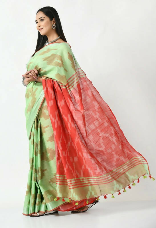 Mominos Fashion Moeza Light Green & Red Bhagalpuri Handloom Ikat Pure Cotton Saree with unstitched Blouse piece - Distacart