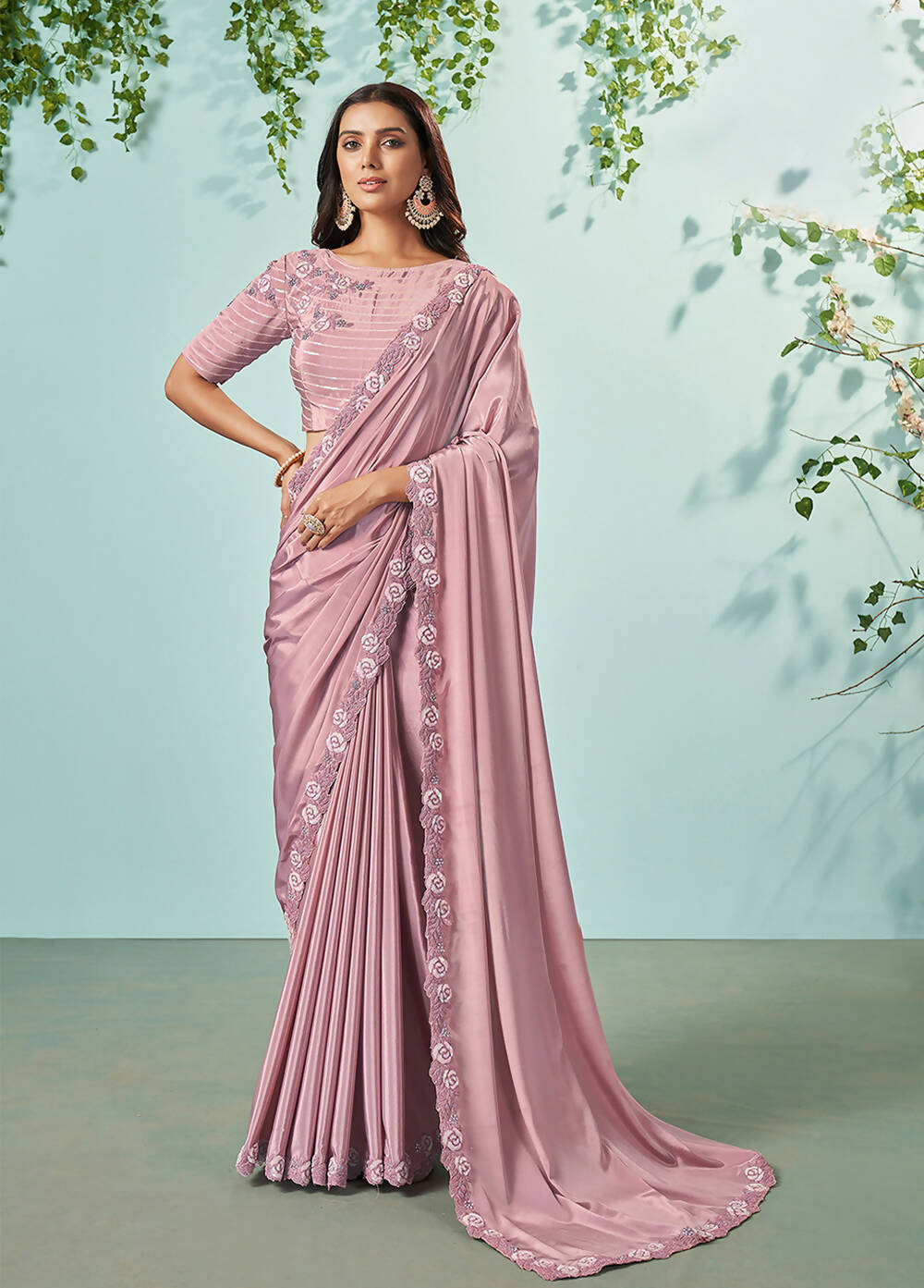 Pink Silk crepe Solid Saree With Unstitched Blouse Piece - Norita Ikshita - Distacart
