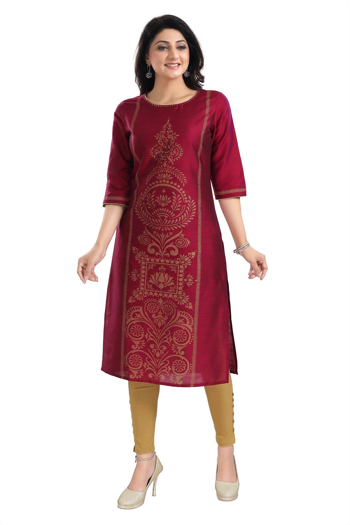Snehal Creations Majenta Raw Silk Block Print Long Kurta For Women - Distacart