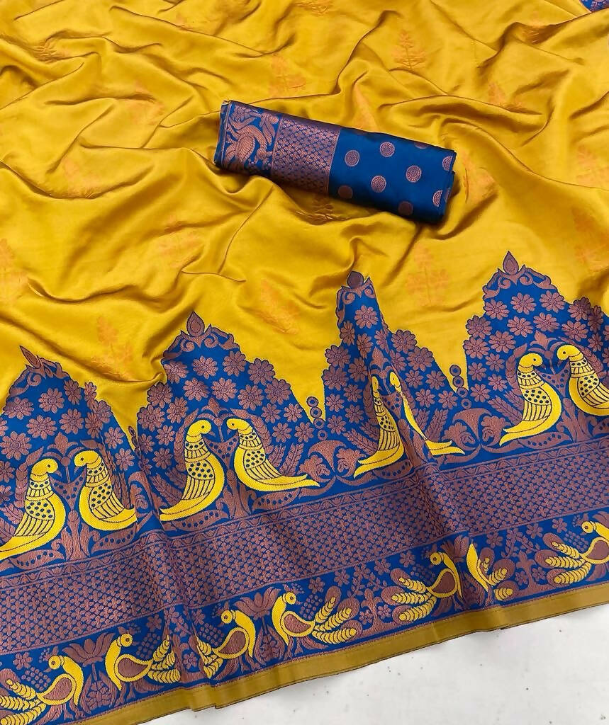 DEIANA'S Beautiful Golden Jari with New Design Soft Lichi Silk Saree - Yellow - Distacart