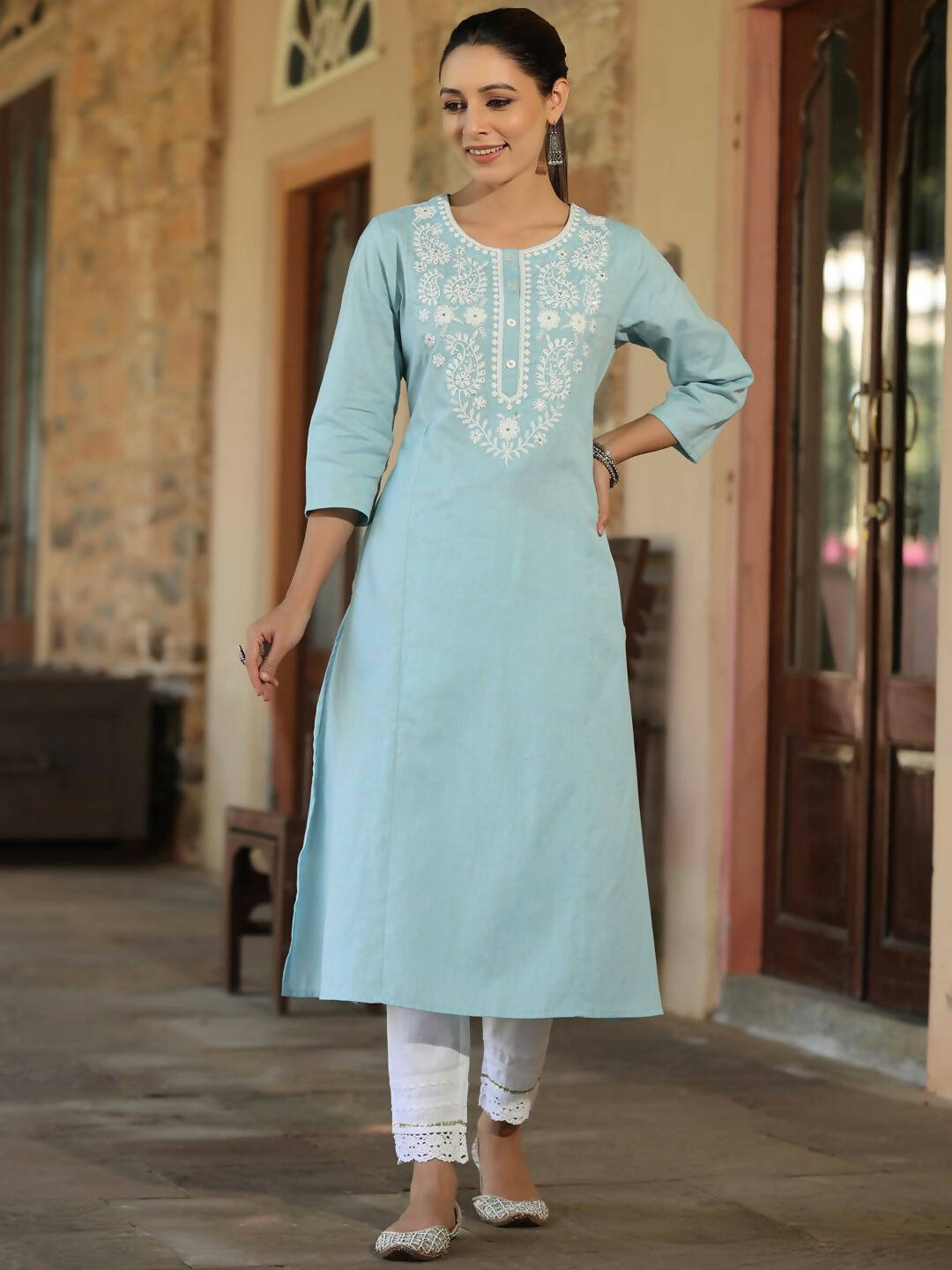 Juniper Women's Blue Cotton Flex Embroidered Straight Kurta - Distacart