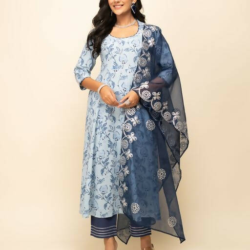 FIORRA Women's Light Blue Cotton Flared Kurta Pant with Dupatta - Distacart