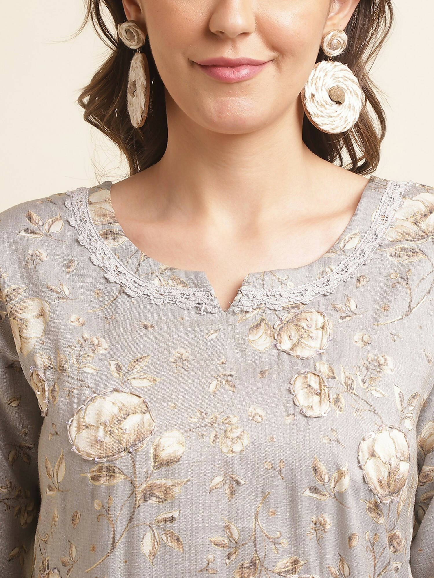 Grey Poly Rayon Floral Printed Straight Kurta - Prasuti - Distacart