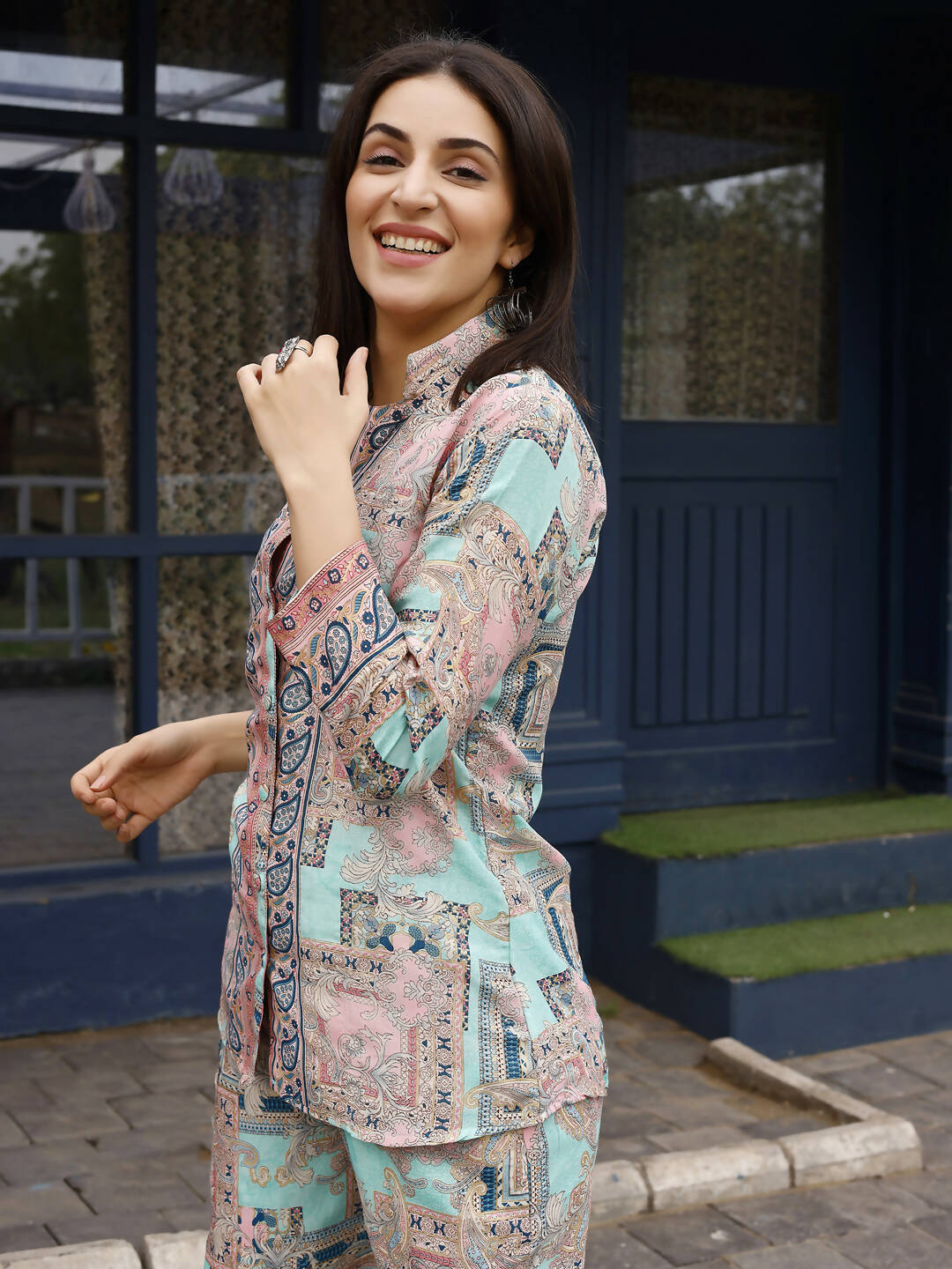 Pink & Blue Rayon Paisley Printed Top with Matching Bottom - Eesha - Distacart