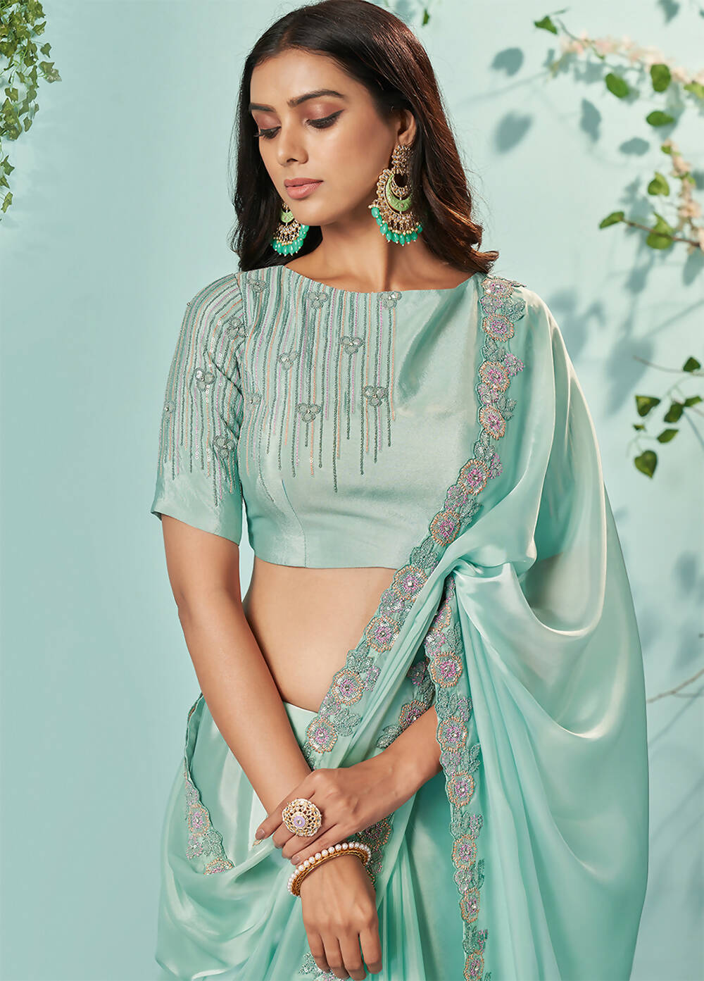 Sea Green Organza Silk Crepe Solid Saree With Unstitched Blouse Piece - Norita Ikshita - Distacart