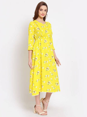 Myshka Women's Yellow Printed Cotton 3/4 Sleeve Round Neck Casual Dress