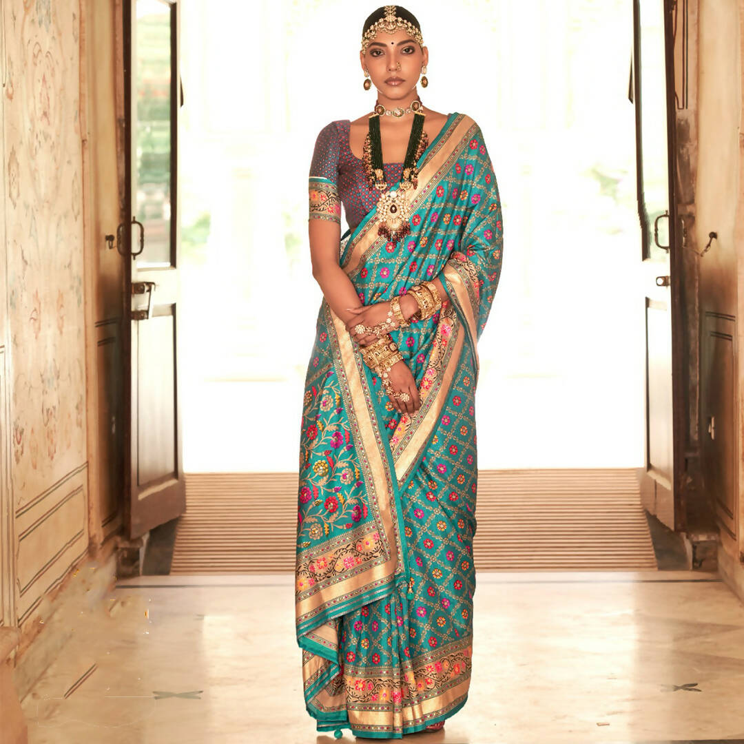Turquoise Silk With Banarasi Print Work Saree - Trirath Yamuna - Distacart