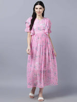 Thumbnail for Myshka Women Pink Printed Fit and Flare Dress - Distacart