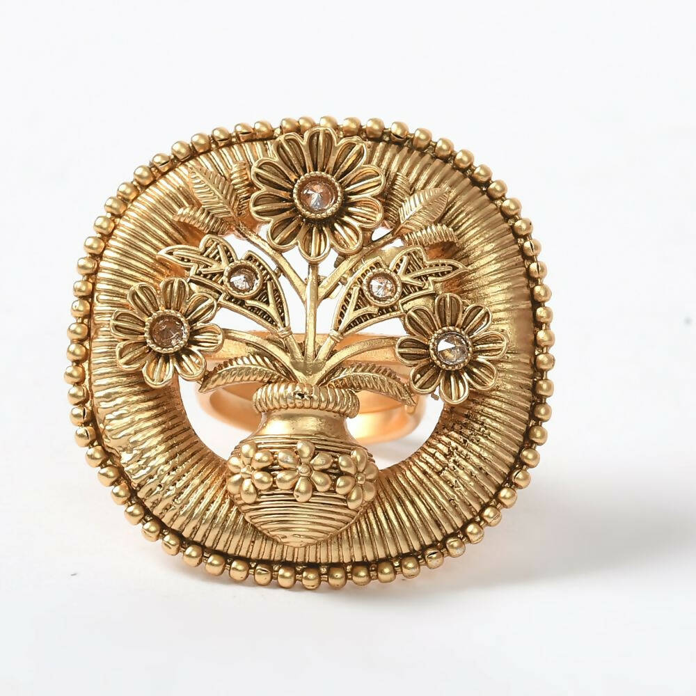 Mominos Fashion Joharkamal Gold-Plated Stone Studded Adjustable Finger Ring - Design 15 - Distacart