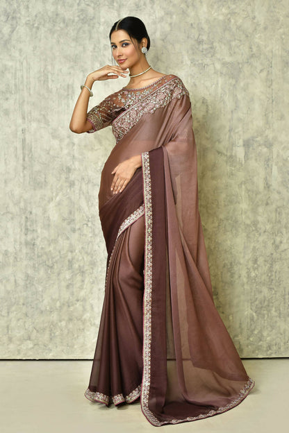 Brown Silk Plain Saree with Blouse Piece - Purvi - Distacart