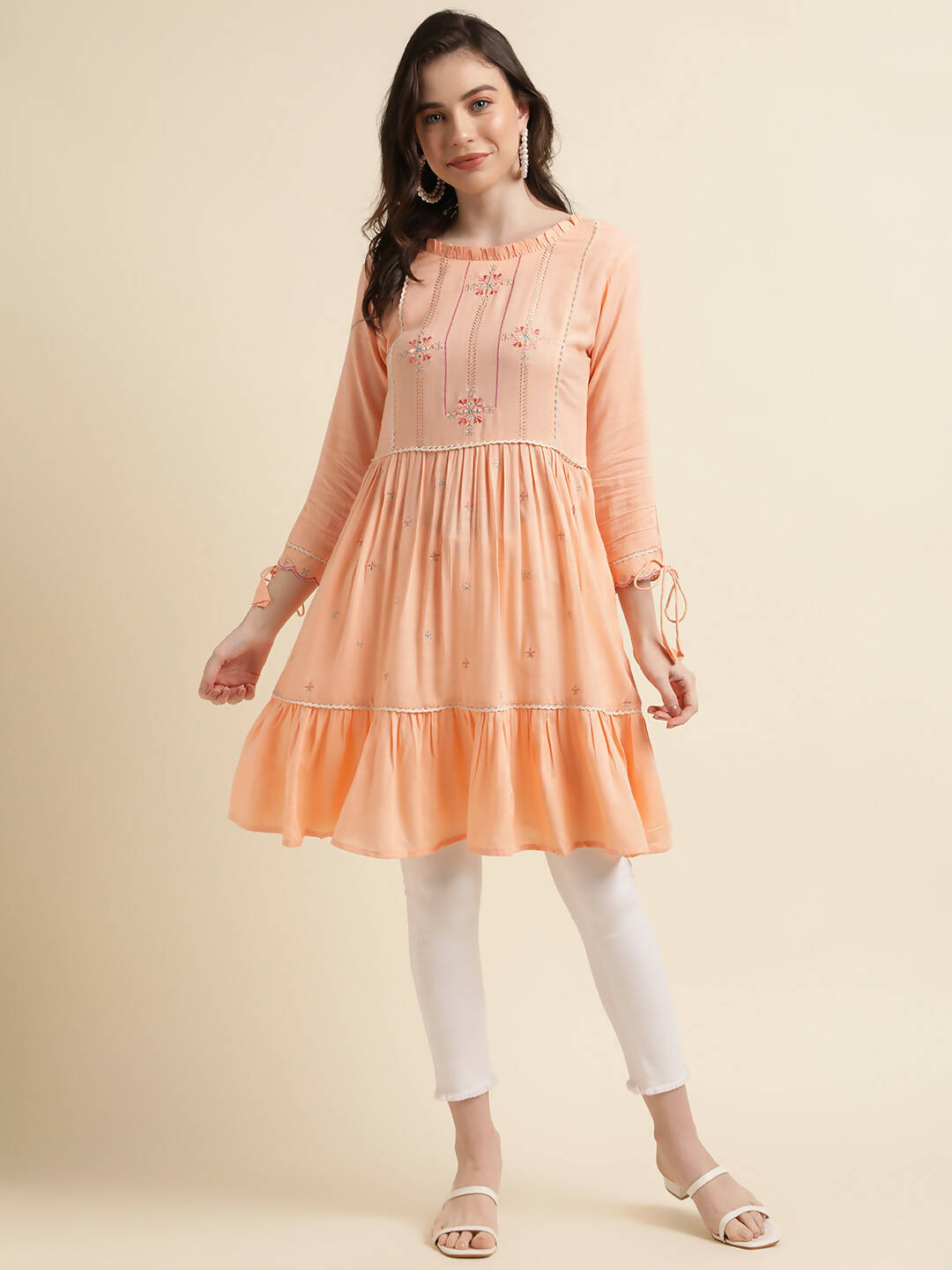 Peach Poly Cotton Yoke Embroidered A-line Top - Tarini - Distacart