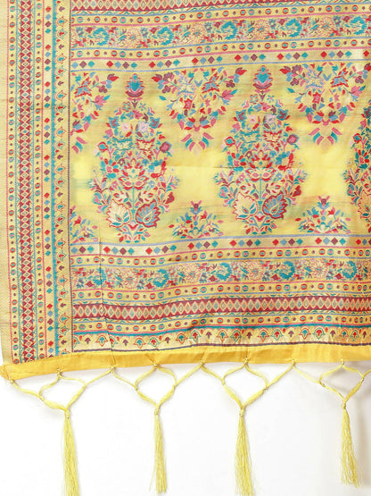 Yellow Silk Blend Woven Design Saree With Unstitched Blouse Piece - Aloki - Distacart