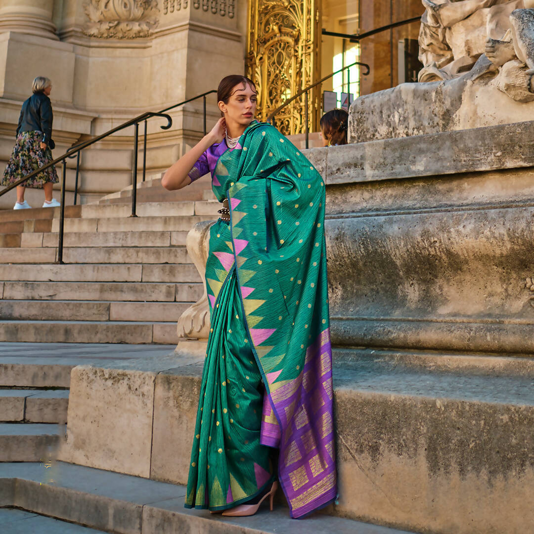 Teal Green Handloom Khaddi Silk Saree With Contrast Pallu & Blouse - Rajtex Khwaab Silk - Distacart
