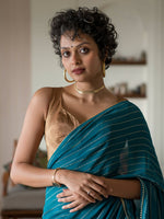 Thumbnail for Suta Turquoise Blue Striped Viscose Rayon Saree - Distacart