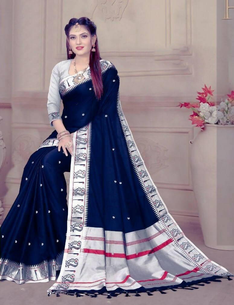 DEIANA'S Beautiful Golden Jari with New Design Soft Lichi Silk Saree - Blue - Distacart