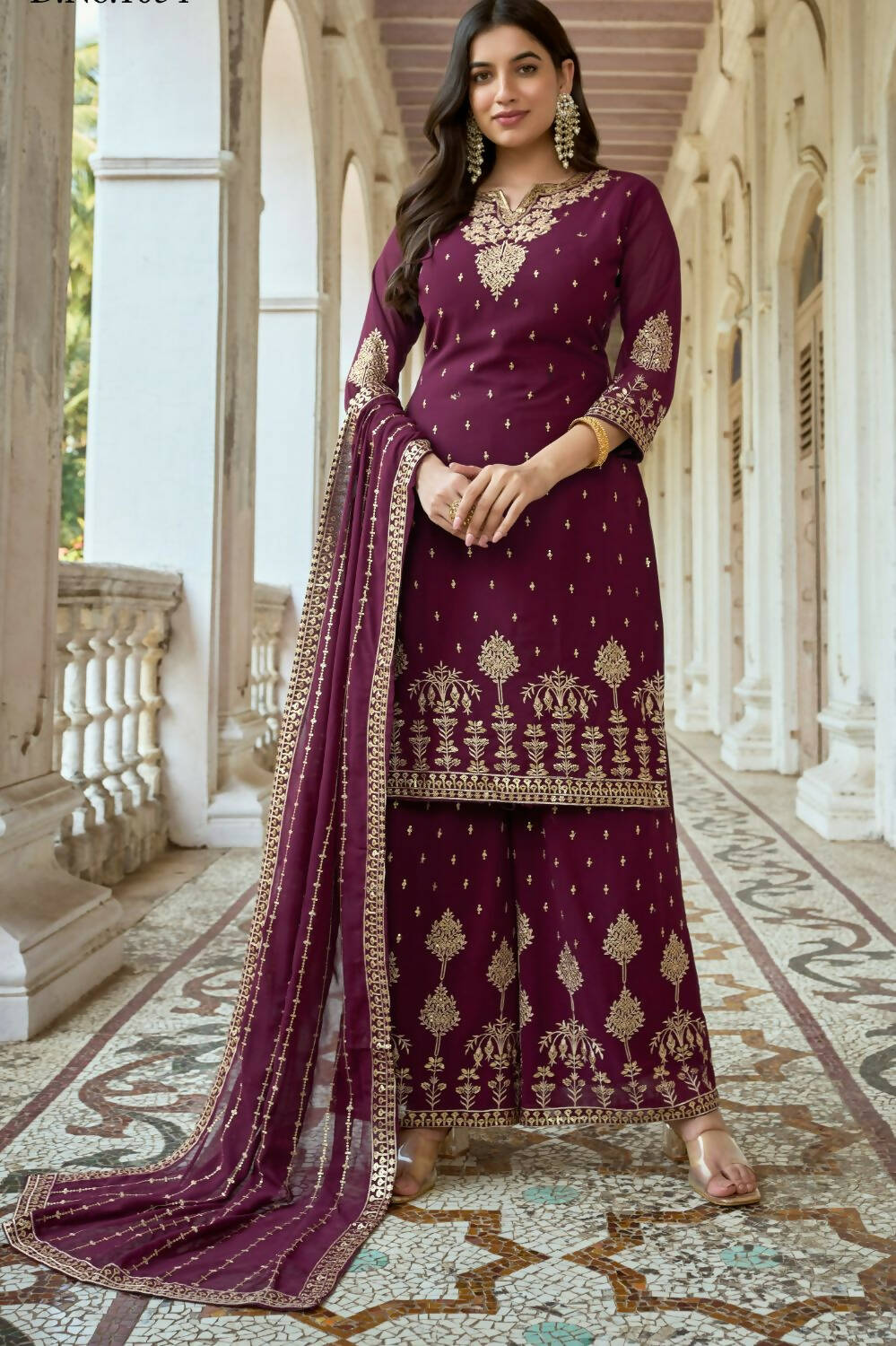 Wine Heavy Fox Georgette Embroidered Semi Stitched Suit - Dhvani - Distacart