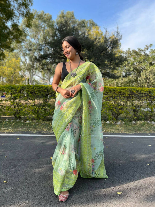 Vastrasky Green Organza Saree - Distacart