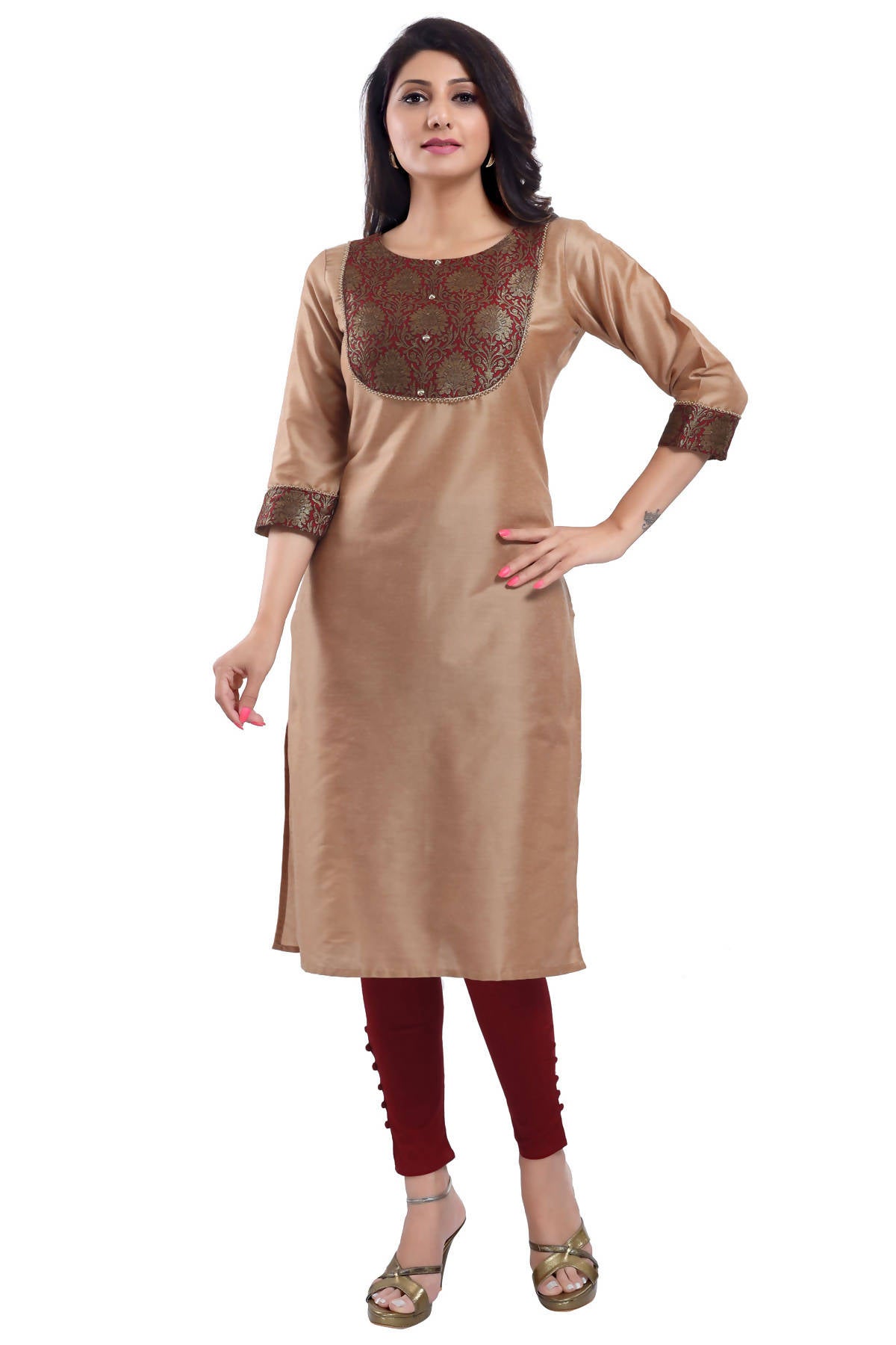Snehal Creations Beige Cotton Silk Kurti Top - Distacart