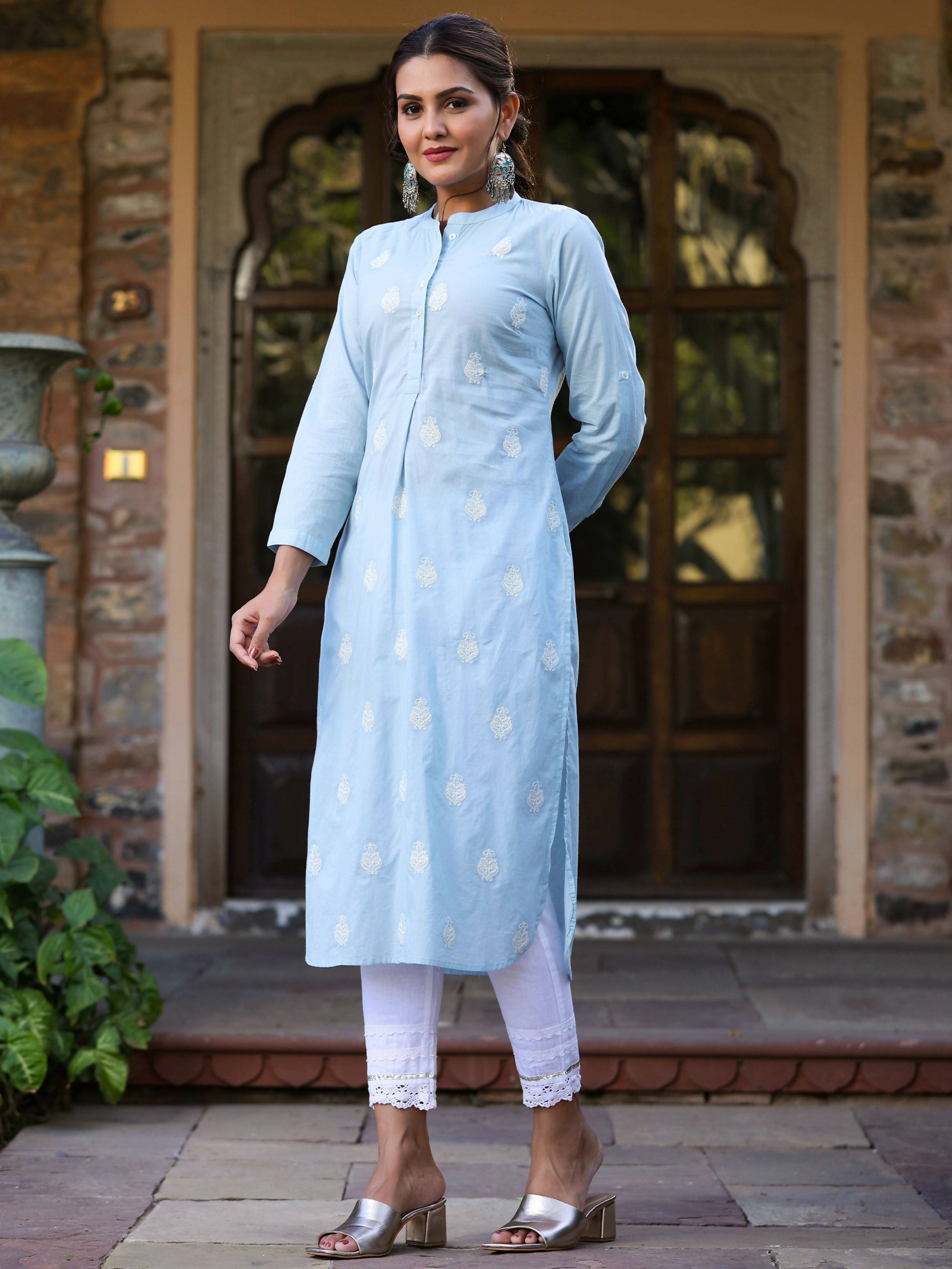 Juniper Women's Blue Cambric Embroidered Straight Kurta - Distacart