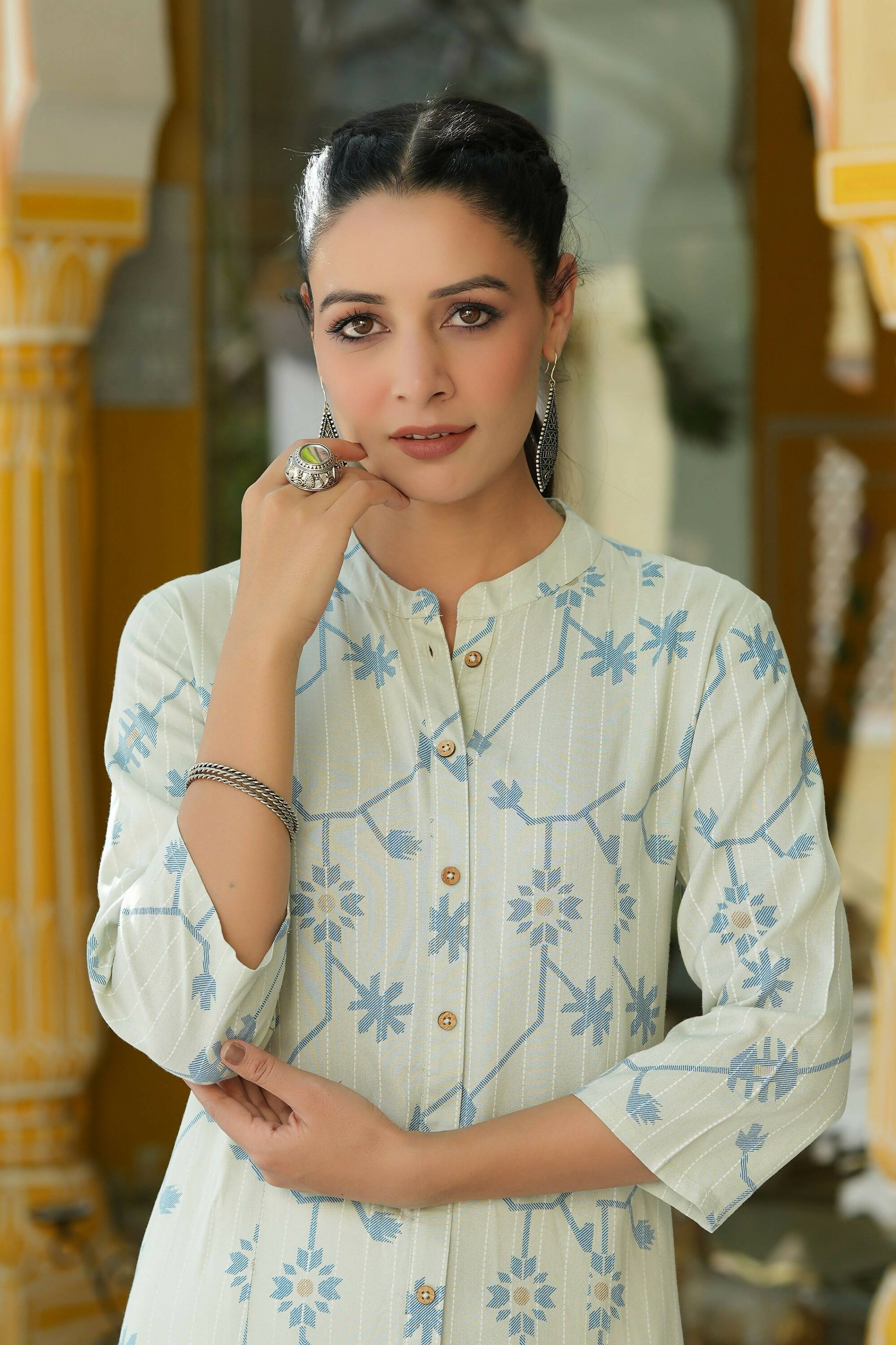 Juniper Women's Sky Blue Rayon Staple Printed A-Line Kurta - Distacart