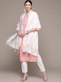 Thumbnail for Anubhutee Pink Floral Yoke Design Thread Work Pure Cotton Kurta with Trousers & With Dupatta - Distacart