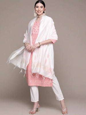 Anubhutee Pink Floral Yoke Design Thread Work Pure Cotton Kurta with Trousers & With Dupatta - Distacart