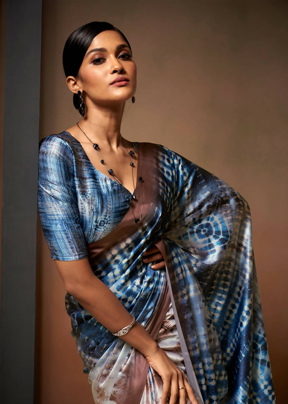 Blue Satin Digital Printed Saree with Unstitched Blouse Piece - Jodha - Distacart