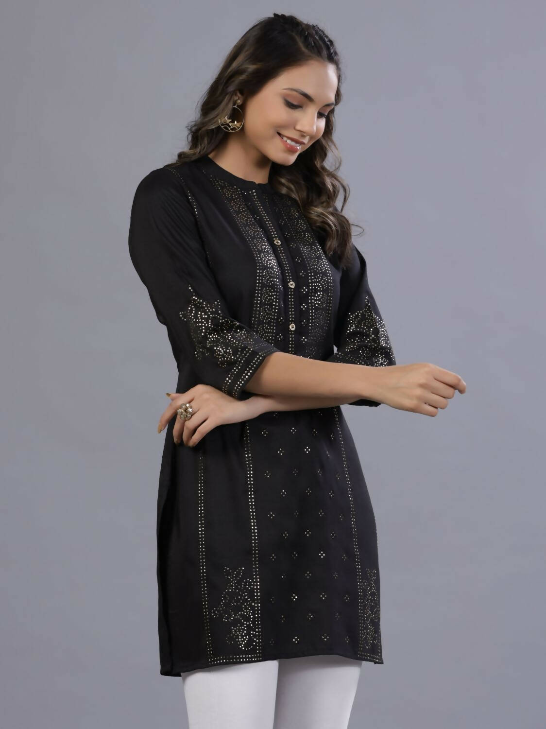 Juniper Women Black Chinon Silk Mukesh Work Straight Tunic - Distacart