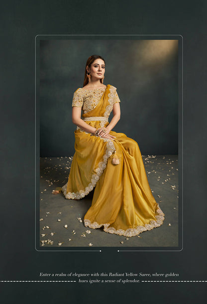 Mustard Organza Silk Crepe Cord Sequence & Thread Embroidered & Stone Work Saree - Moh-Manthan Royal Enigma - Distacart