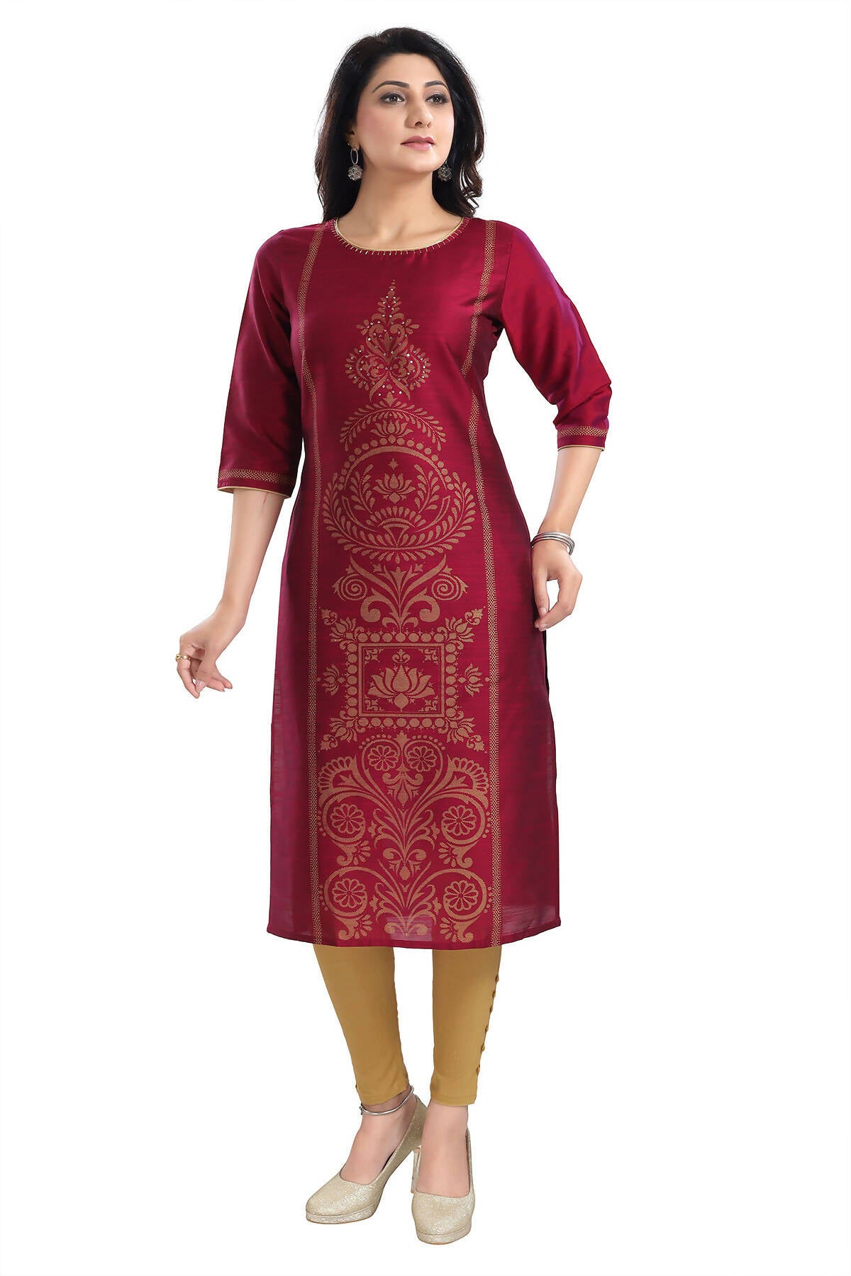 Snehal Creations Majenta Raw Silk Block Print Long Kurta For Women - Distacart