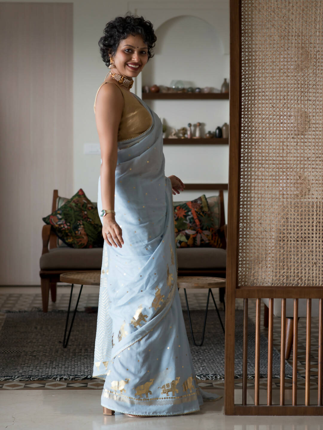 Suta Blue Floral Cotton Blend Saree - Distacart