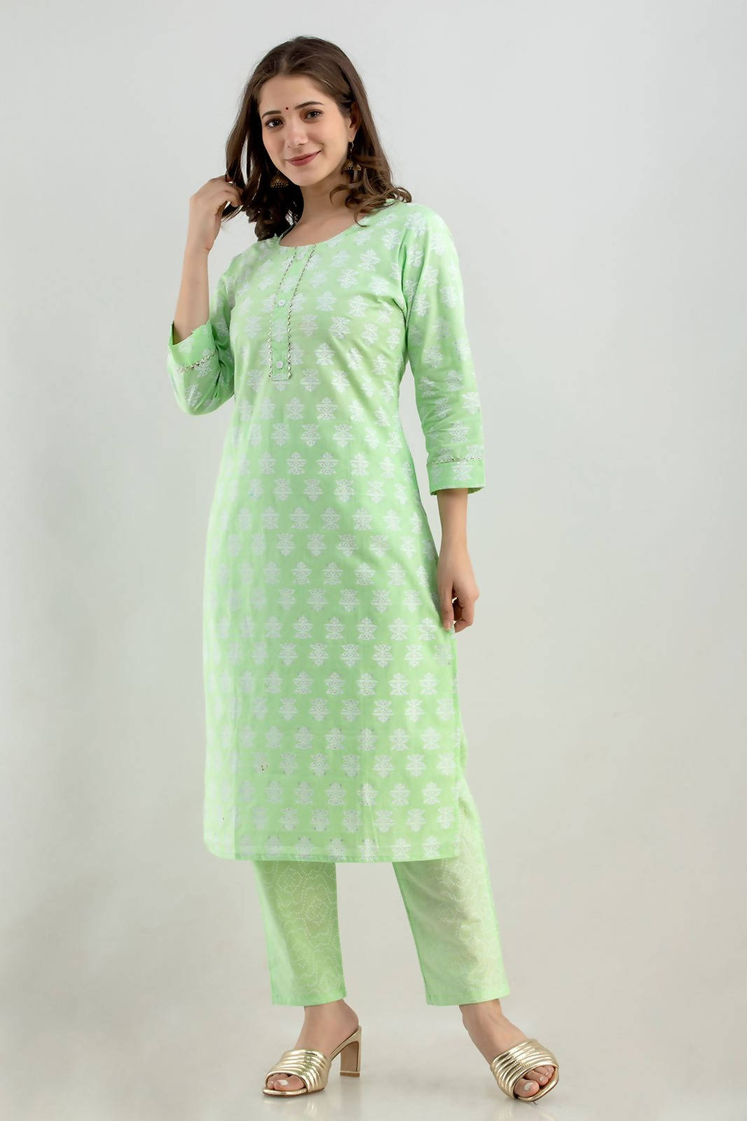 Vamika Printed Cotton Green Party Wear/Casual Wear Kurta Set/Suit - Distacart