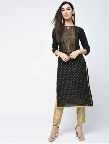 Aniyah Cotton Block Printed Black Color Straight Kurta (AN-123K)