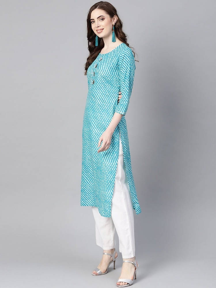Yufta Women Blue & Off-White Leheriya Dyed Straight Kurta