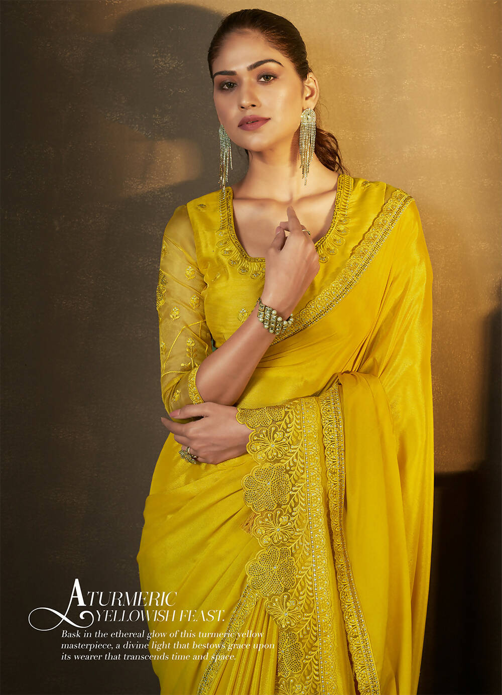 Mustard Satin Silk Floral Embroidered with Swaroski Work Saree With Unstitched Blouse Piece - Norita Royal Erisha - Distacart
